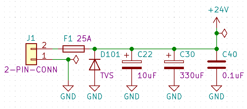 Main 24VDC input supply with fuse, TVS diode and capacitors as a filter