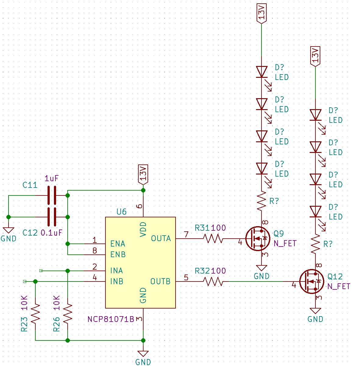 Low side MOSFET drives the LEDs at 14V. This lower voltage block on the circuit didn't require any troubleshooting