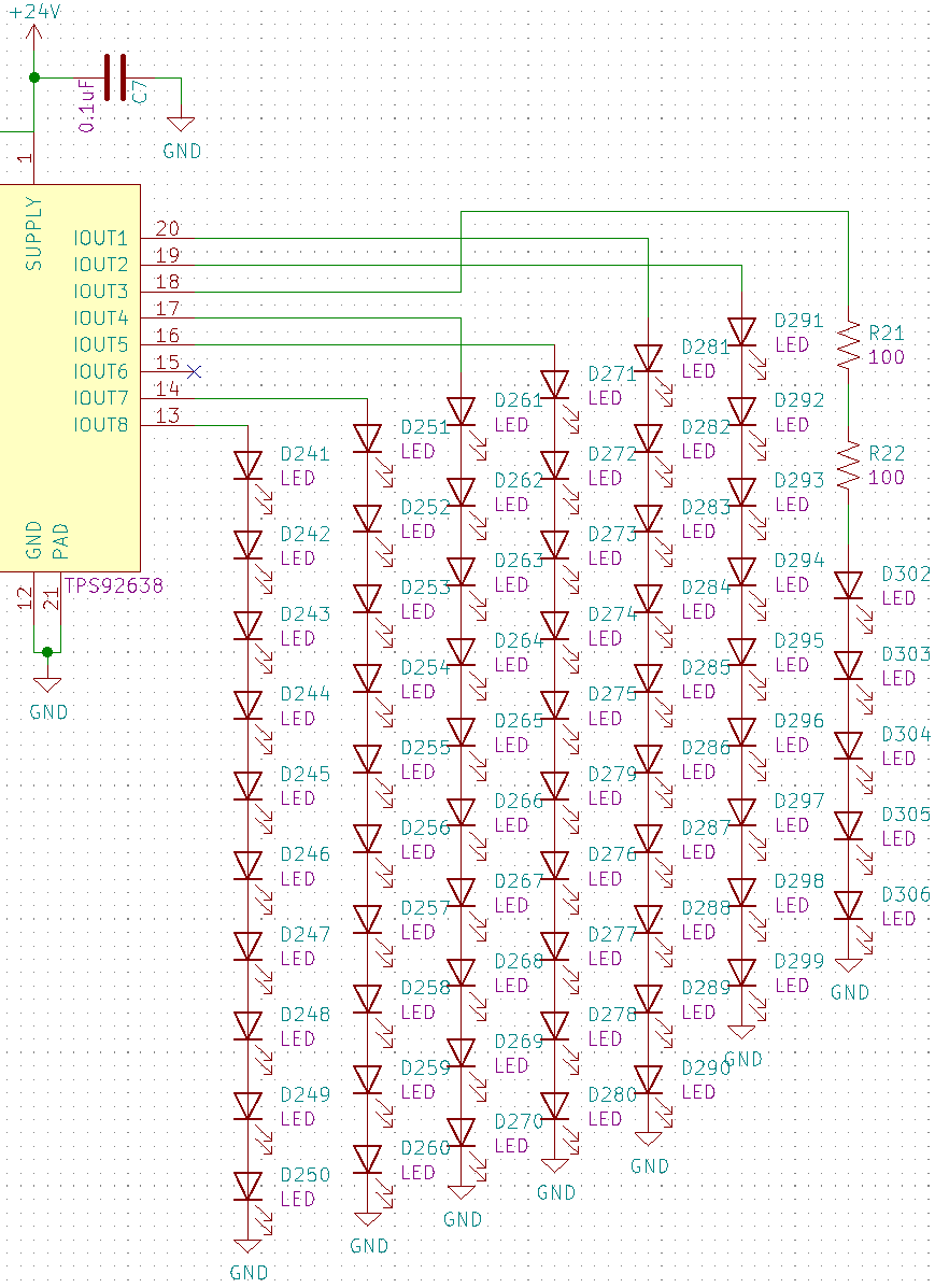 A TPS92638 based LED driver circuit is shown. 8 strands are driven, with one strand only having 4 LEDs. That strand is balanced with the others that have 10 LEDs by adding two 100R resistors to help with power dissipation.