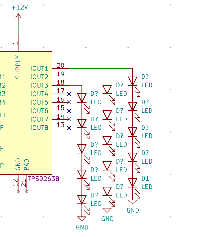 A TPS92638 based LED driver circuit is shown. Three strands of LEDs are connected to the driver which go to ground. The driver is powered from the 12V rail.