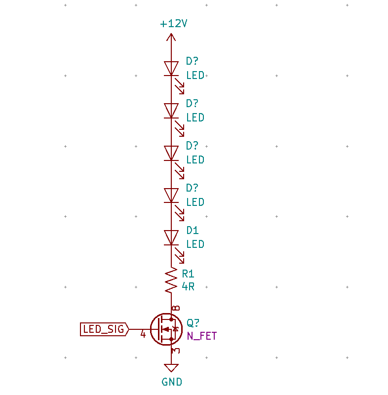 A 12V power rail supplies power to 5 LEDs in series, then to a 4R resistor. This goes to a N-Channel MOSFET which its source is tied to ground.