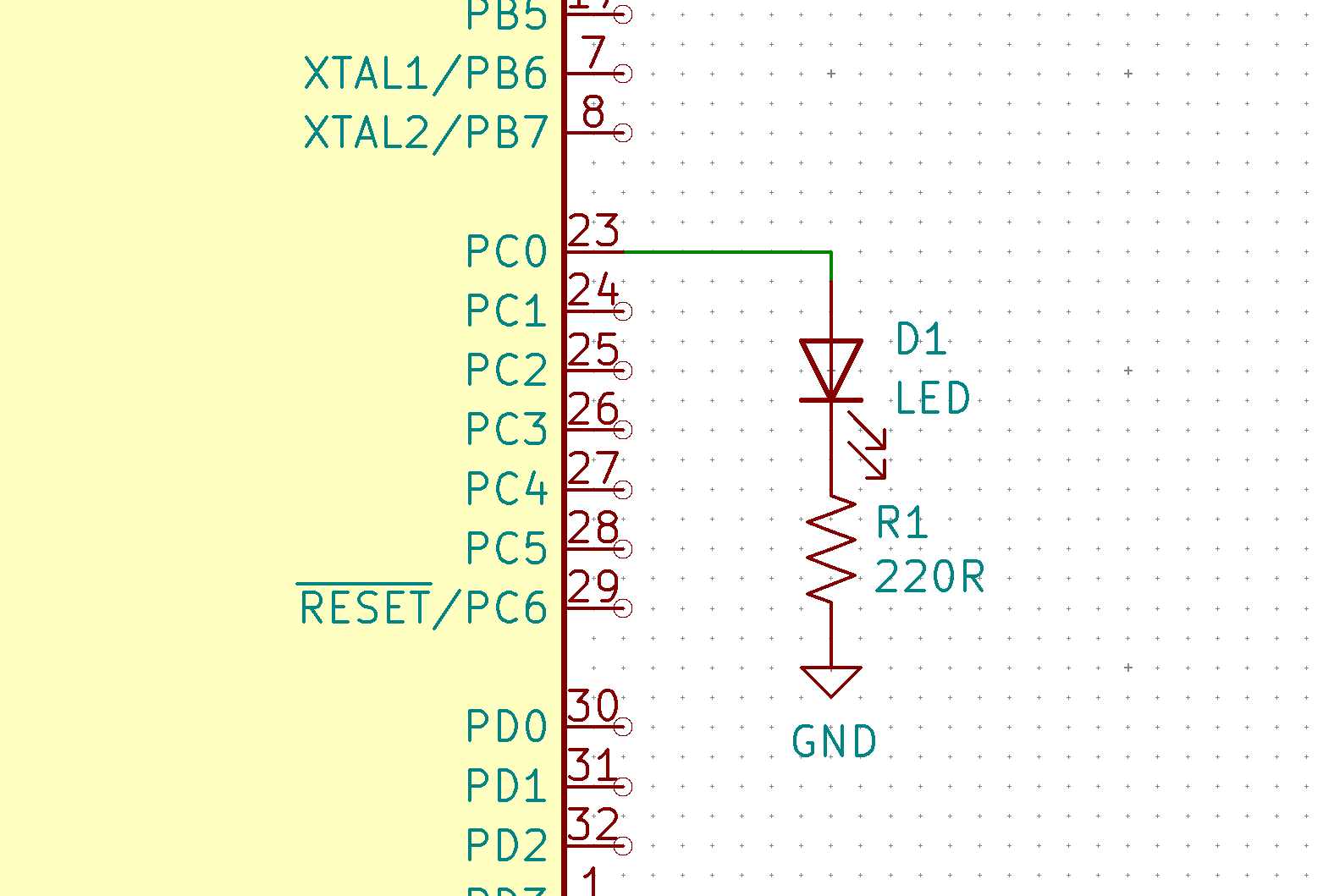An Atmega328P microcontroller uses a i/o line to go to the anode of an LED, then a 220R resistor, then to ground. A very simple LED driver circuit.