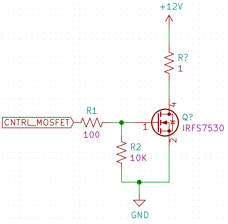 A powe MOSFET is controlling a 12A load from 12V and a 1R resistor