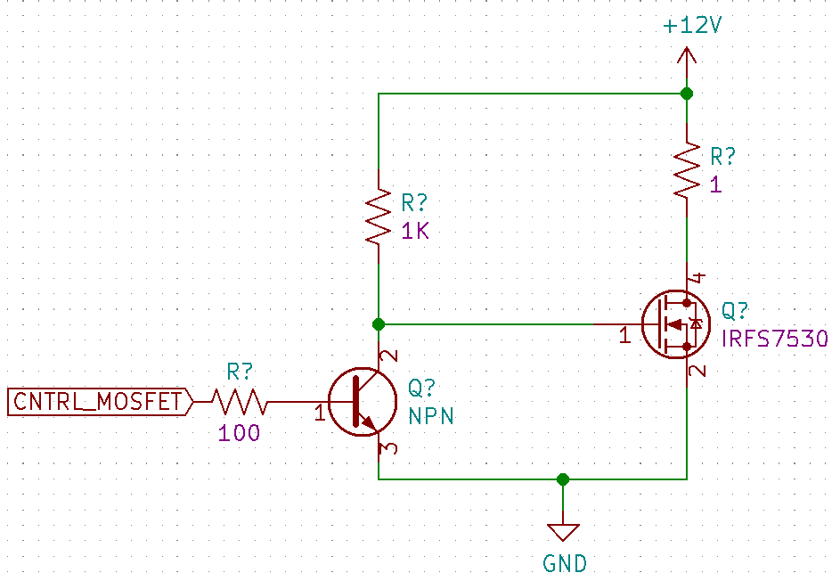 A NPN trasistor is used to turn on a MOSFET at 12V from only a TTL microcontroller voltage