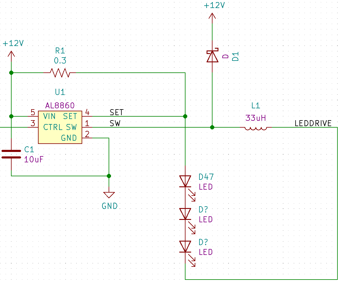 A AL8860 siwtching LED driver circuit. Three LEDs are driven from the chip.