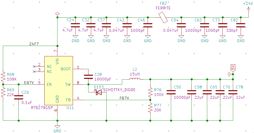 A RT8279GSP switching regulator circuit. A CLC filter using a ferrite bead is on the 24V input side. Several paralleled capacitors are on the output side.