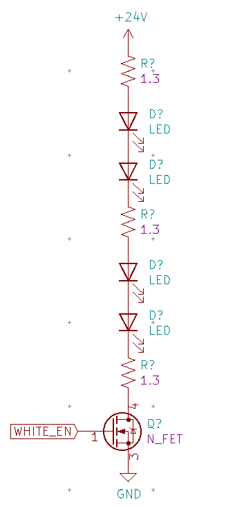 24V drives 4 white LEDs linearly using three 1R3 resistors to spread out the power dissipated. A N-channel MOSFET allows for PWM and on/off control.