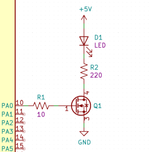 STM32 drives a MOSFET to sink current from a LED.