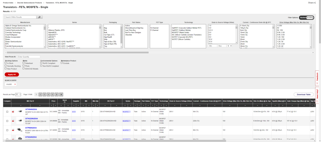 Fresh digkey search for general single MOSFETs