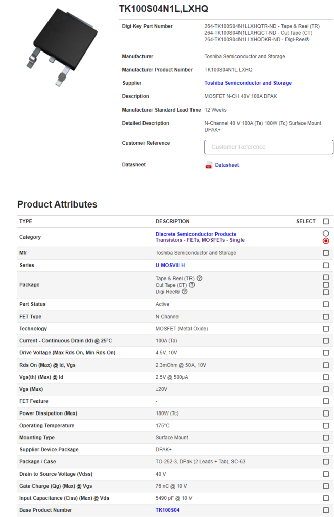 The final selection for scenario two is the TK100S04N1L,LXHQ. The digikey page of specs is shown for this part