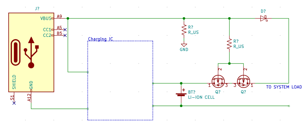 Adding a Schottky diode in series with the previous example allows for the system to have power while charging.