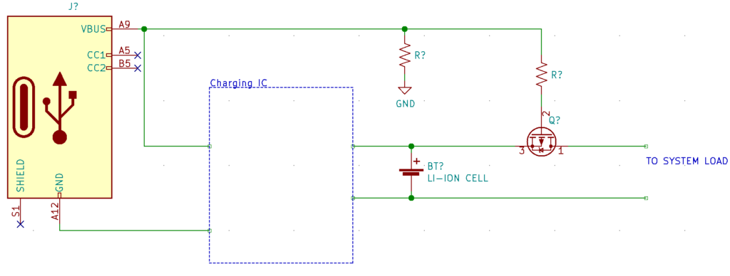 A USB-C input goes to the charging IC, which then directly charges the battery. The system load is connected to the battery through a PFET.