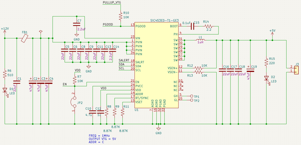 Schematic of the buck converter schematic used for testing. It uses the SIC453ED-T1-GE3 IC