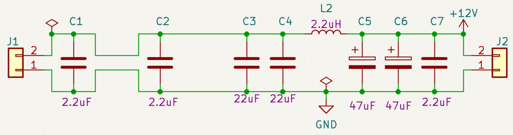 The final test schematic populates the PI filter