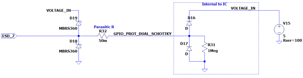 Two schottky diodes are placed at the GPIO net. One is biased to ground, the other to the input voltage.