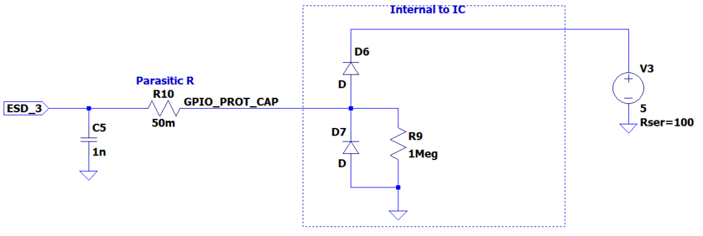 Similar to the series resistor circuit, this ESD protection circuit requires a single part, a capacitor tied from GPIO to ground.