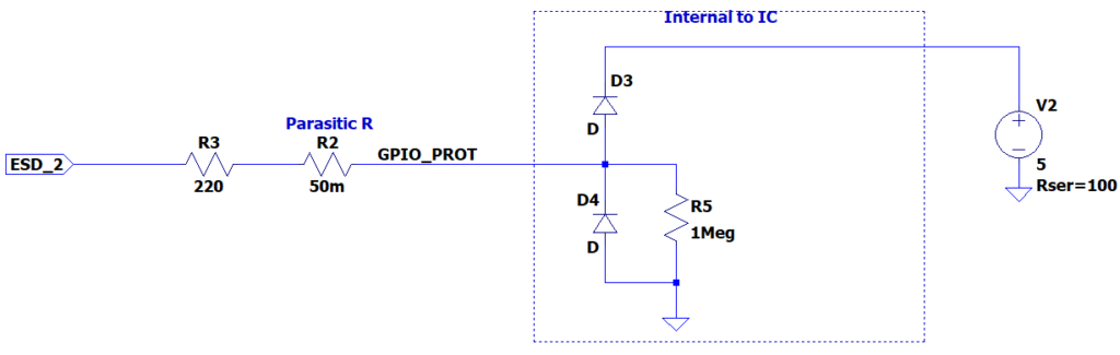This ESD protection circuit adds a 220R series resistor to the GPIO line