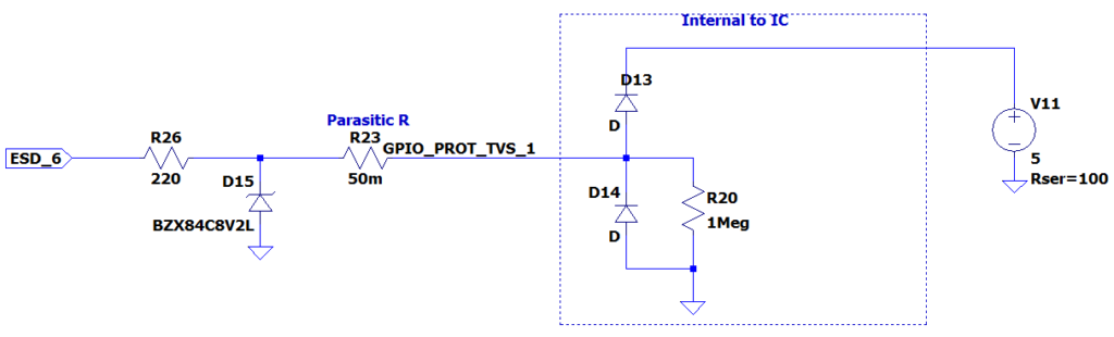 An additional 220R resistor is placed on the ESD event side of the TVS diode