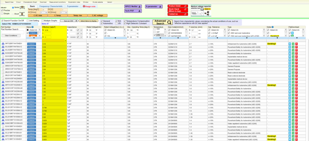 This is a chart from Murata's SimSurfing tool. It shows the column of effective capacitance, used to determine the DC bias effect in ceramic capacitors.